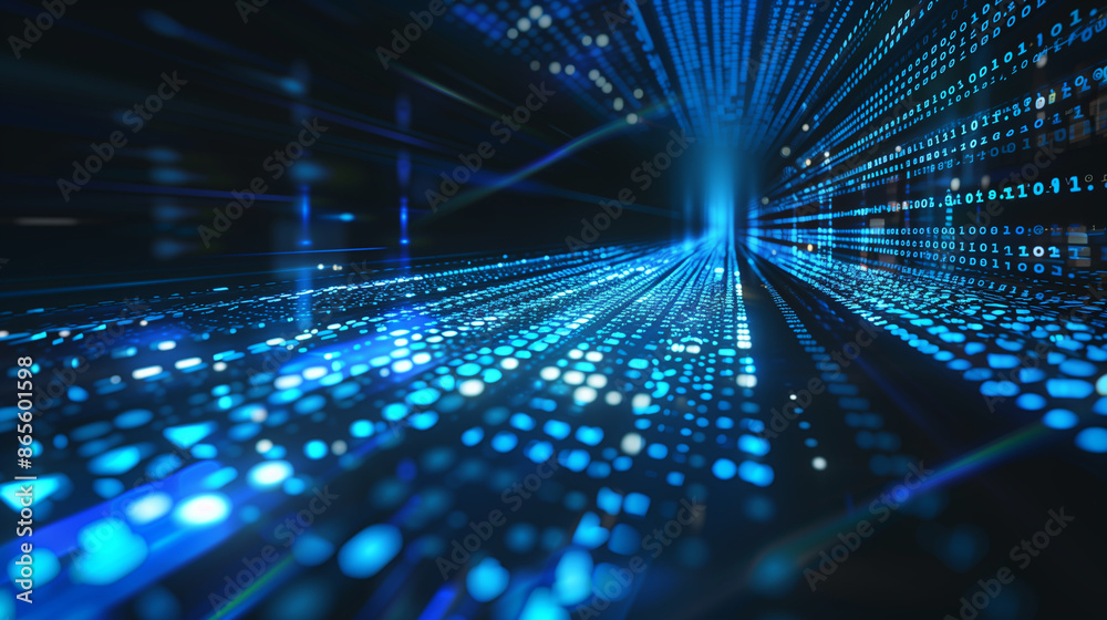 Poster abstract digital background with blue binary code and light rays on black, data flow concept.