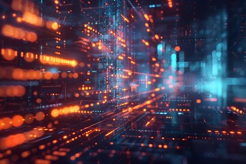 Fototapeta premium Futuristic Digital Data Network with Glowing Orange and Blue Lights