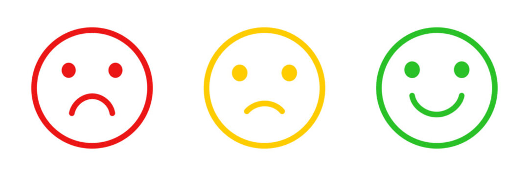 Rating emoji icon set. Face smile icon positive, negative neutral opinion vector signs symbol. Set of feedback rating emoji good, average, excellent vector illustration.
