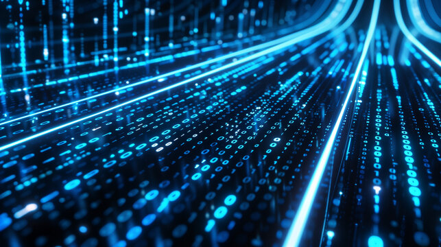 Abstract digital background with blue binary code and light streaks on black, representing data flow in technology or cyber security concept Isolated on white background, - Powered by Adobe
