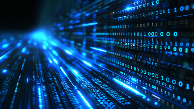 Abstract digital background with blue binary code and light streaks on black, representing data flow in technology or cyber security concept Isolated on white background,