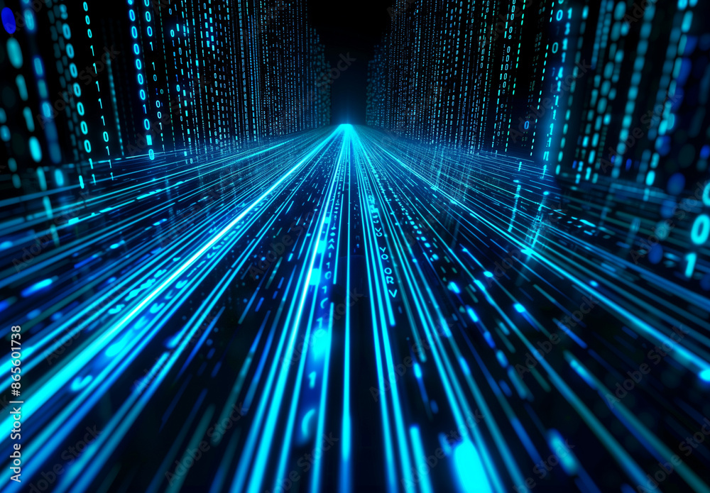 Poster abstract digital background with blue binary code and light streaks on black, representing data flow