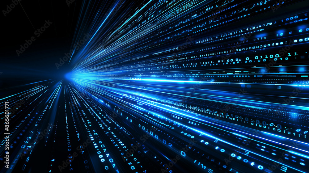 Poster abstract digital background with blue binary code and light streaks on black, representing data flow