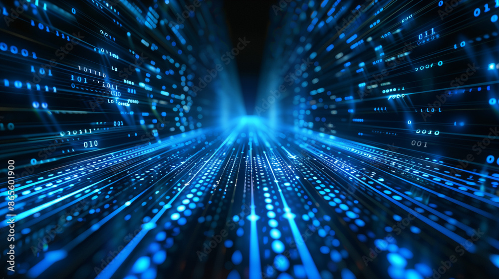 Poster abstract digital background with blue binary code and light streaks on black, representing data flow