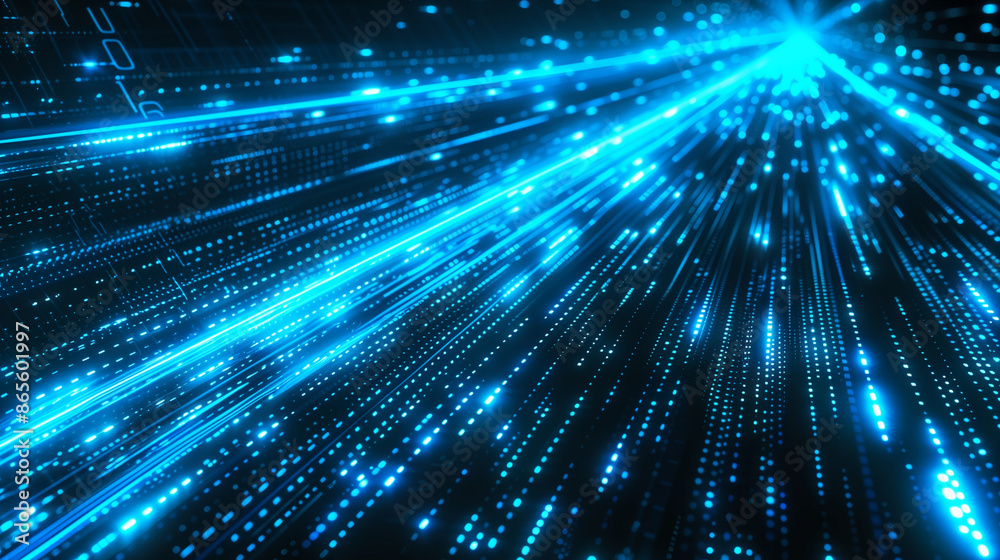Poster abstract digital background with blue binary code and light streaks on black, representing data flow