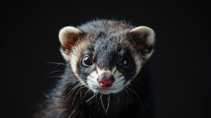 Close-up of a ferret against a dark background, studio shot. Concept of exotic pets and animal portraits