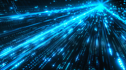 Abstract digital background with blue binary code and light streaks on black, representing data flow in technology or cyber security concept Isolated on white background,