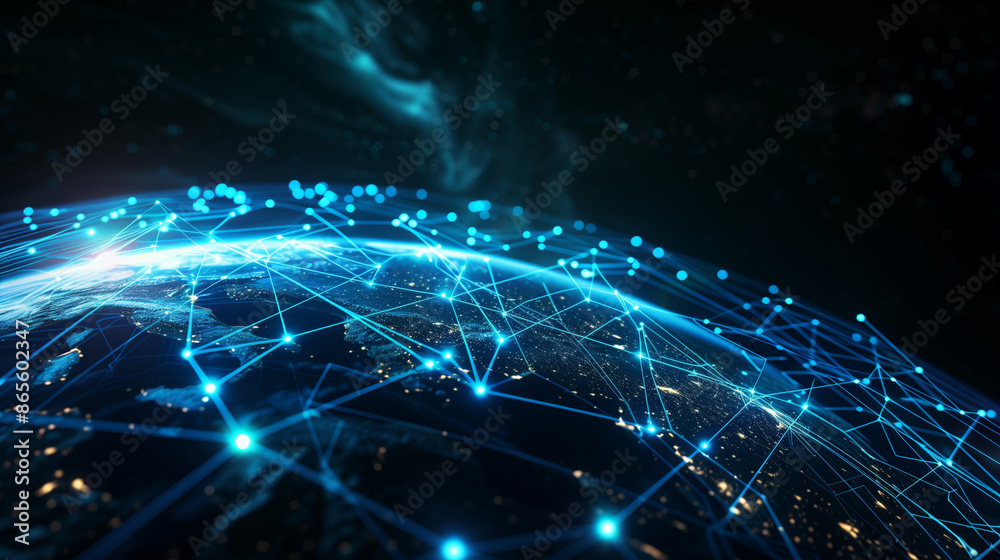 Poster abstract blue planet earth with glowing light connection lines on a dark background, representing a 