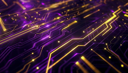  yellow light on a black backdrop, tech elements like a circuit board in the style of low poly video game art, vector illustration with lines and shapes, a dark purple and gold color scheme, 3d render