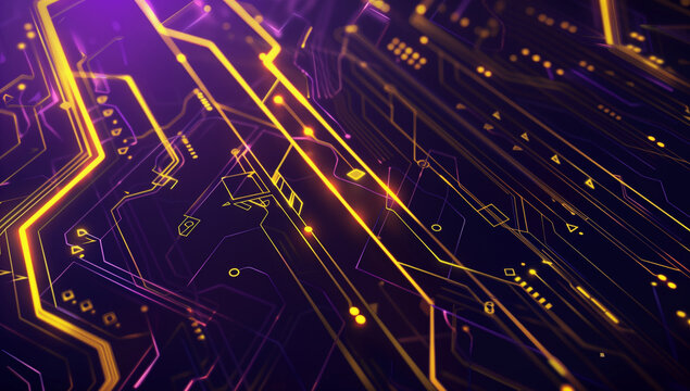  yellow light on a black backdrop, tech elements like a circuit board in the style of low poly video game art, vector illustration with lines and shapes, a dark purple and gold color scheme, 3d render - Powered by Adobe