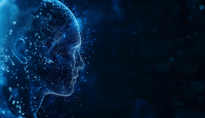 Artificial Intelligence and Digital Human ghost, AI digital head hologram with icons on dark blue background. Futuristic technology concept for web design, online marketing