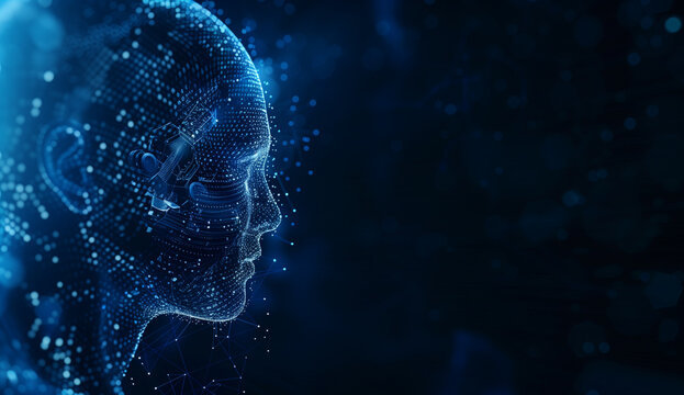 Artificial Intelligence and Digital Human ghost, AI digital head hologram with icons on dark blue background. Futuristic technology concept for web design, online marketing