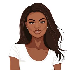 Cartoon Illustration of a Confident Woman with Long Brown Hair in a White T-Shirt on a White Background