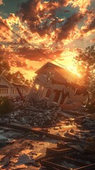 Obraz premium Collapsed house amidst rubble at sunset, disaster aftermath. Urban ruin and destruction concept