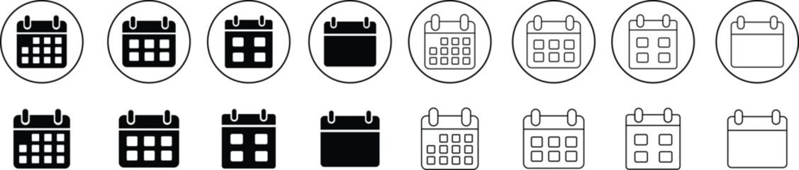 Calendar icons set. Containing date, schedule, month, week, appointment, agenda, organization and event symbol flat line vector collection isolated on transparent background for graphic and web design