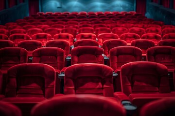 Obraz premium Empty Red Velvet Seats in a Movie Theater Awaiting Audience