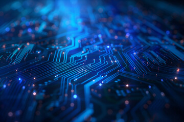 Blue digital background with circuit board pattern and glowing dots, creating an abstract tech-inspired backdrop for design use.