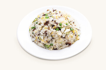 Mushroom Fried Rice with spring onion served in plate isolated on grey background side view of hong kong food