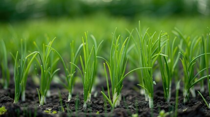 Fototapeta premium Blurred background with rows of green onions