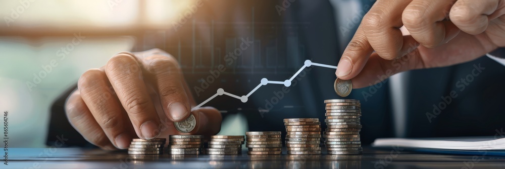 Poster close-up of hands stacking coins with a line graph overlay. financial growth and investment planning