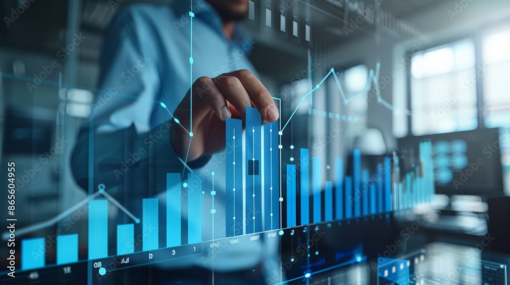 Poster Business person analyzing digital financial data on a screen. Modern technology and financial analytics background. Data-driven decision-making and business intelligence