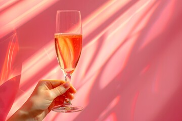 Hand Holding a Glass of Sparkling Rosé Against a Pink Background