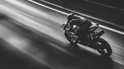 Obraz premium Motorcycle speeding through a winding curve with motion blur effect on the road