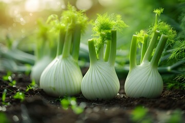 Fresh Fennel Bulbs Growing in a Sunlit Garden