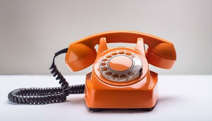 Orange retro rotary telephone handset on white background; old communication technology, notification and information concept
