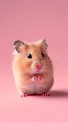 Cute fluffy hamster with heart-shaped paws on pink background, studio shot. Adorable pet concept