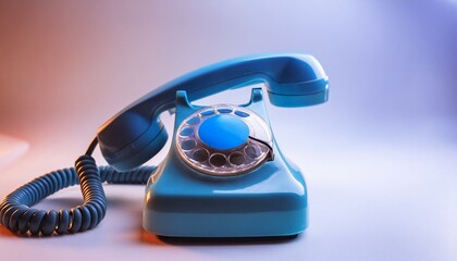 Blue retro rotary telephone handset on; old communication technology, notification and information concept
