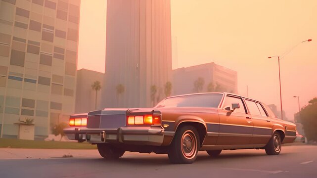 Expensive retro car in 70s style on the urban street with orange sky