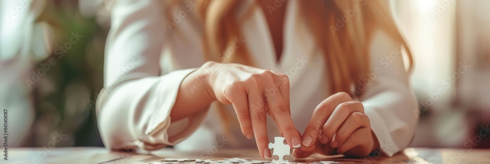 Poster Woman solving a puzzle on a wooden desk. Business planning and strategy background. Creative approach to problem-solving and project management