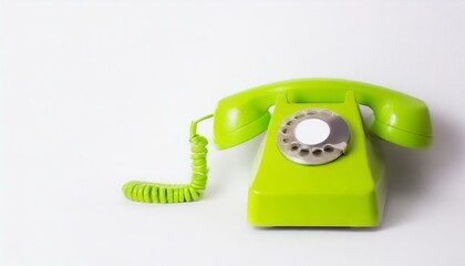 Green retro rotary telephone handset on white background; old communication technology, notification and information concept
