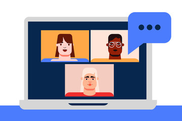 A group of three people, colleagues, friends chatting with each other. Connecting with technology, speech bubbles. Video call, computer, desktop view. Team meeting concept. 
