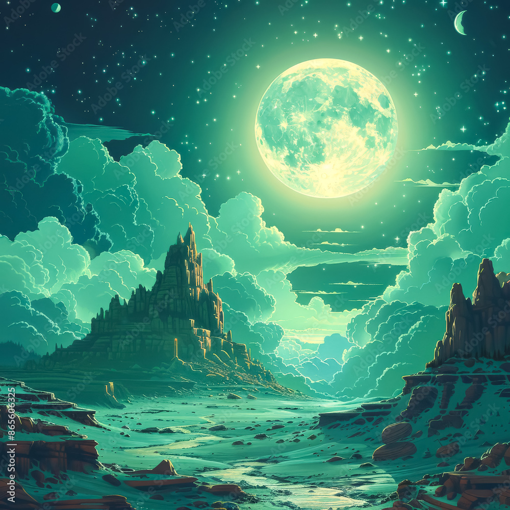 Canvas Prints a green and blue sky with a large moon in the middle. the moon is surrounded by clouds and the sky i