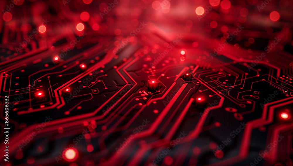 Wall mural red digital background with circuit board patterns and glowing lights, creating an energetic tech-in