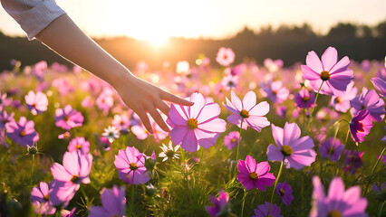 Woman's hand touching a beautiful field of cosmos flowers in morning spring sunrise.