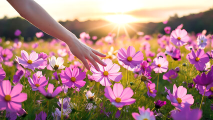 Woman's hand touching a beautiful field of cosmos flowers in morning spring sunrise.