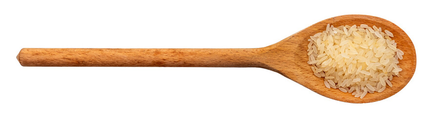 Wooden spoon with dry rice grains on a white background. View from above. Rice isolate in spoon