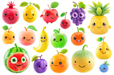 Fototapeta premium Cute cartoon fruit characters, large collection isolated on white background