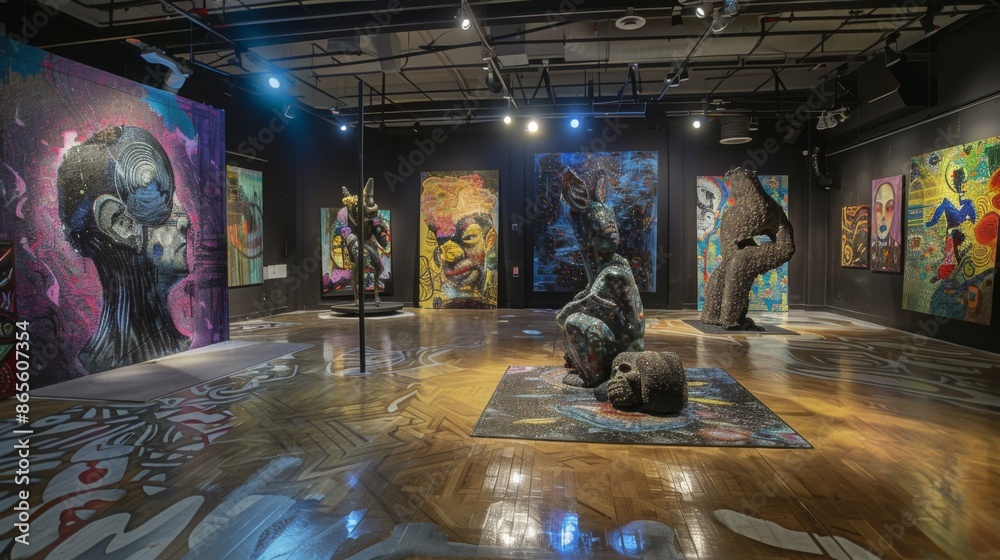 Poster a contemporary art gallery exhibit featuring a variety of abstract paintings and sculptures. the spa