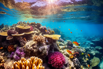A colorful coral reef with a variety of fish swimming around. The sun is shining brightly, creating...