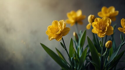 Close-up of bright yellow flowers, in soft sunlight, creating a peaceful atmosphere