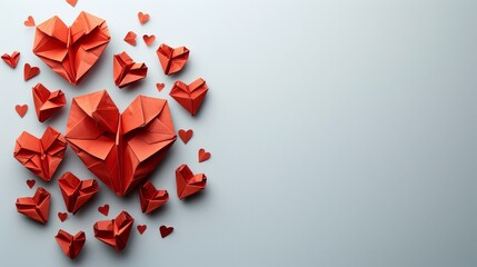Valentine's Day decor. Red paper hearts on a white background. Paper origami bright red leaves. Postcard for the day of love. Space for text.