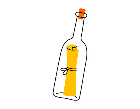 Hand drawn cute cartoon illustration of letter in bottle. Flat vector secret message in doodle style with outline. Help or sos note icon or print. Hope for salvation. Sea communication. Isolated.
