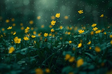 Enchanting Yellow Wildflowers in a Misty Forest