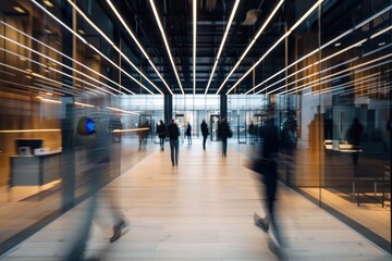 people walking in motion blur through an office space with glass walls, blurry background, wooden and white accents, black ceiling with rectangular lights Generative AI