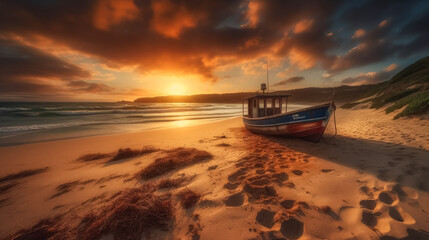 A boat is sitting on the beach, with the sun setting in the background. The scene is serene and peaceful, with the boat being the only object in the foreground