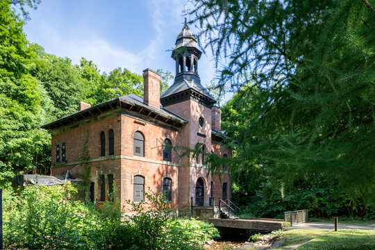 Cold Spring, NY, USA - 06-25-2024:  Old brick office building within the West Point Foundry Preserve, Scenic Hudson Parks, located in Putnam County, New York